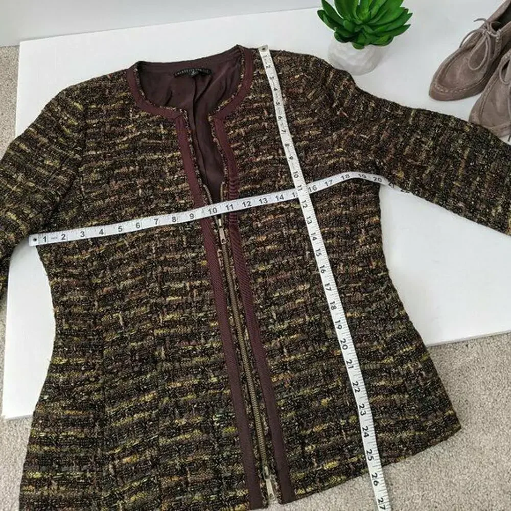 LAFAYETTE 148 NY Blazer Coat‎ Tweed Zip Up Blazer Jacket Brown Trim Women's 10